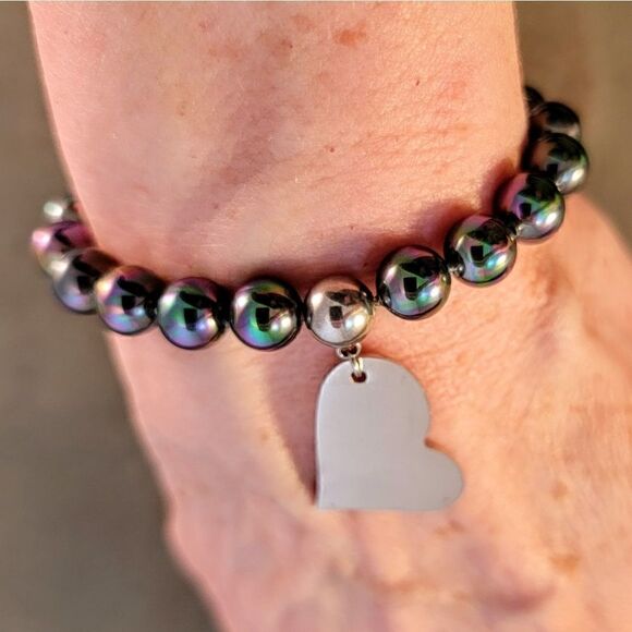 New Iridescent Stainless Steel Beaded  Asymmetrical Heart Bracelet - Picture 6 of 9